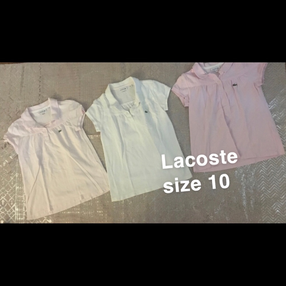 3 Lacoste Polos size 10. 2 pinks 1 white.